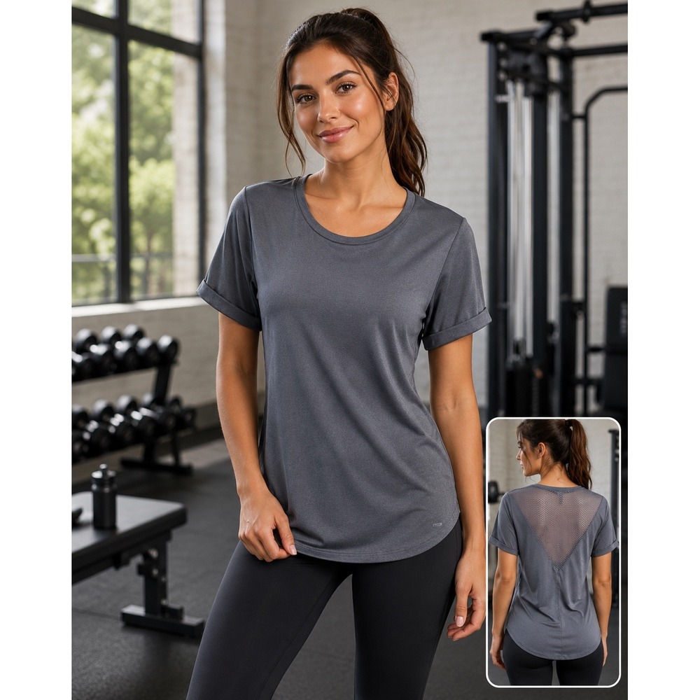 Gray Workout Shirt Womens Medium Mesh Back Activewear Training‎ Shirt